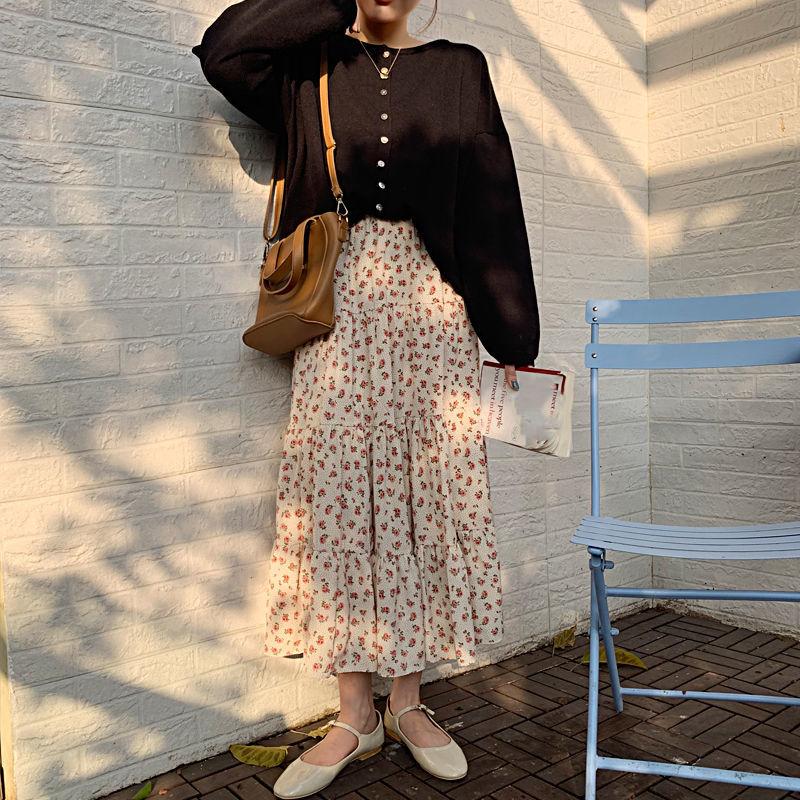Women's Chiffon Floral Skirt Summer  High Waist Mid-length A-line Draping Fairy Dress