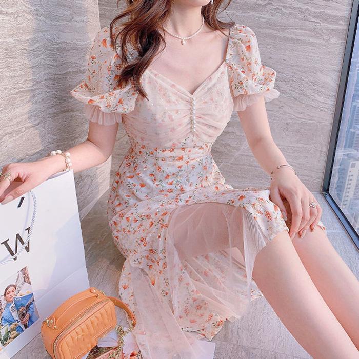 Net Yarn Splicing Floral Short Sleeve Mermaid Skirt  Women's Summer Dress Printing Knee-length Daily Wear Office Dating Party