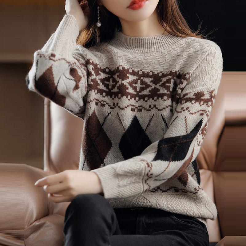 Sweater Women's Rhombus Contrast Color Retro Pullover Knitwear Korean Loose Fluffy Top Trending Sweater Autumn and Winter