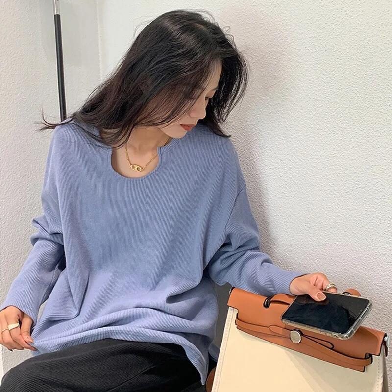 Waffle Women's Long-sleeved T-shirt Ins All-match Bottoming Shirt Women's Spring and Autumn Loose Women's Tops Casual Blouses for Girl