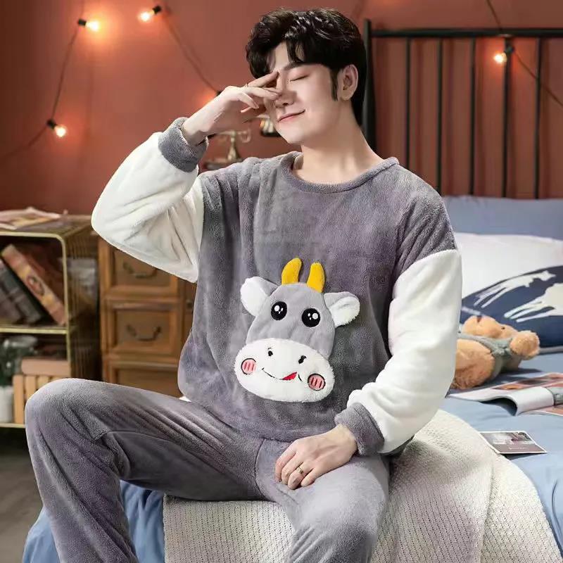 Cartoon Couple Pajamas Suit Tops and Pants Men Home Clothes Ladies Winter Cashmere Warm Homewear