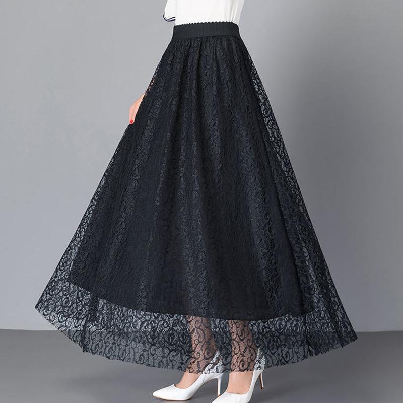 Autumn and Winter Lace Skirt Elastic High Waist Mid-length Skirt Large Size All-match A-line Long Skirt Women