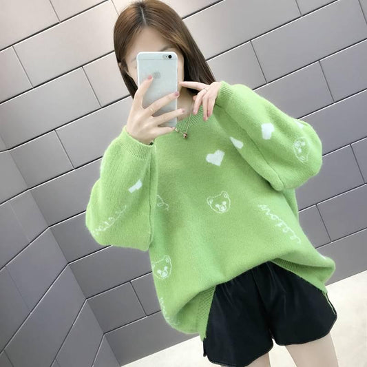 Autumn Winter Cute Pattern Loose Sweater Schoolgirl Pullover Round Neck Long Sleeve Sweater