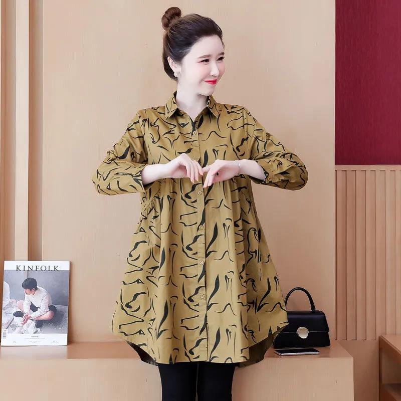 Shirt Women's Spring and Autumn Large Size Loose Fashion Temperament Printing Cover Belly Fat Woman Mid-length Shirt