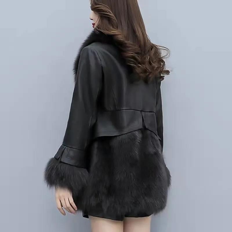 Fur Coat Women's Winter New Style Fox Fur Mid-length PU Leather Stitching Thick Warm Leather Coat for Women's Cotton Jacket To Keep Warm