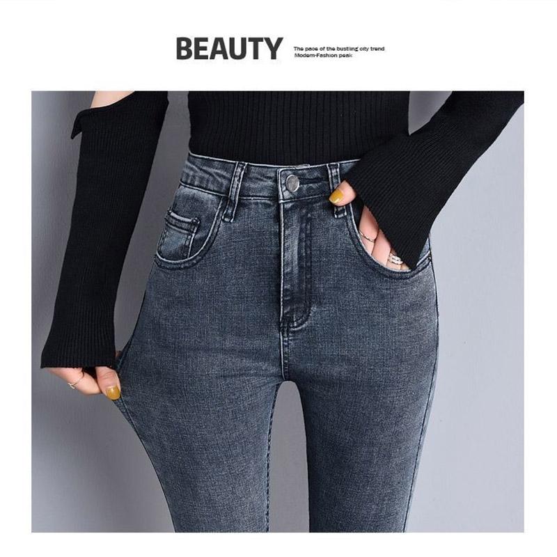 Winter Women's High-waisted Nine-point Jeans with Velvet Thickened and Thin All-match Stretch and Velvet Slim Outer Wear Pants