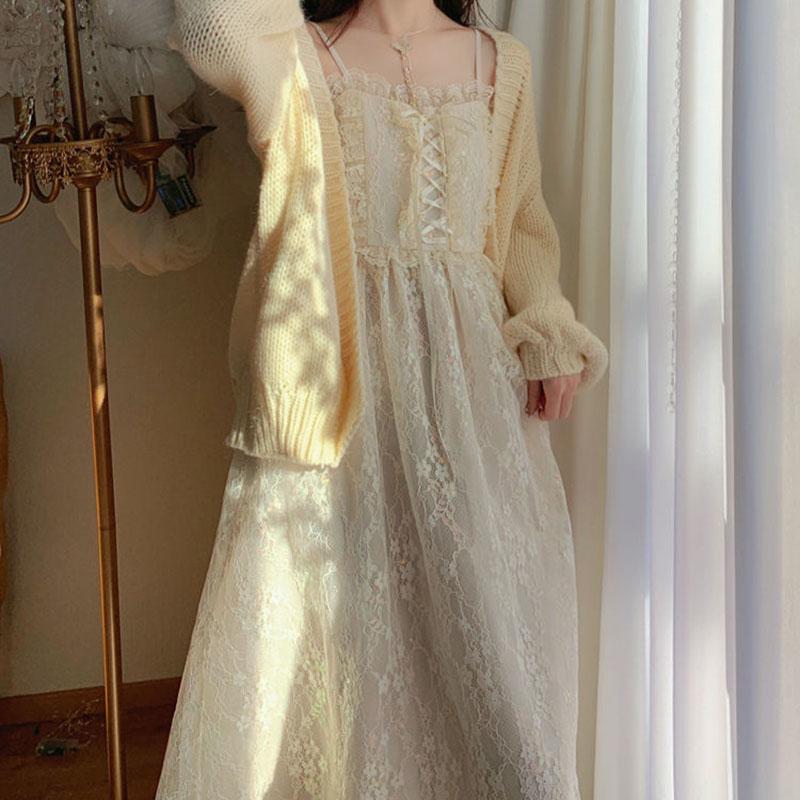 Summer Glitter First Love Long Skirt Female French Mid-length Lace Suspender Dress Little Fairy Temperament