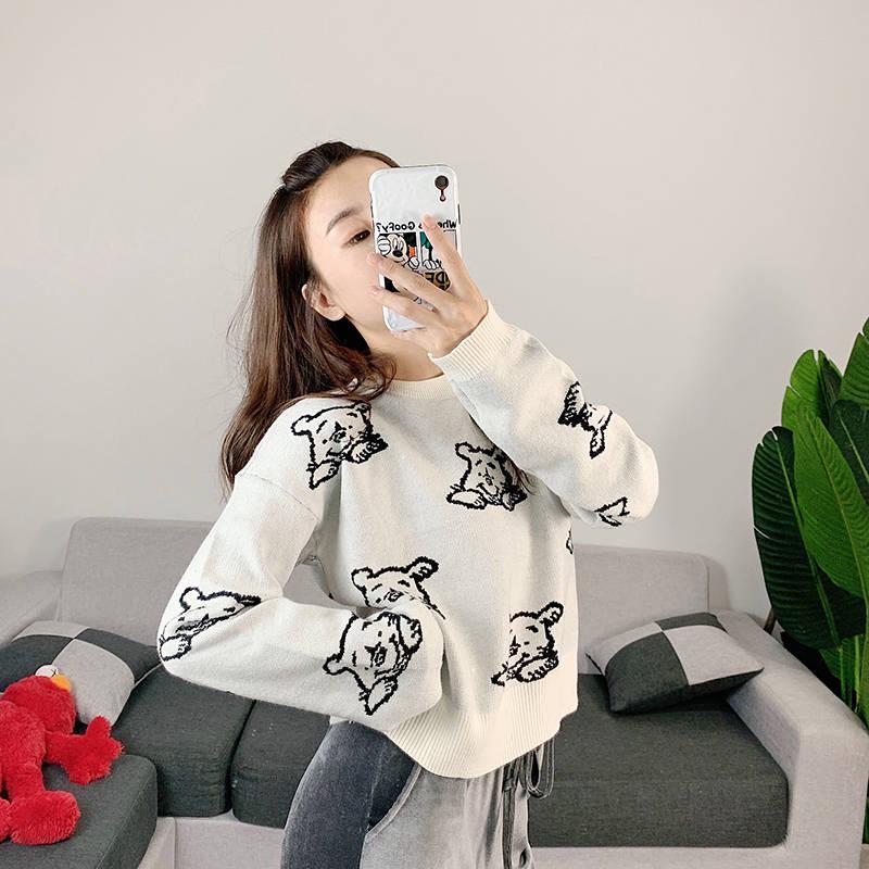 Pofulove Girl Loose Winnie the Pooh Collection Net Red Knit Bottoming Shirt Women's Sweater Short