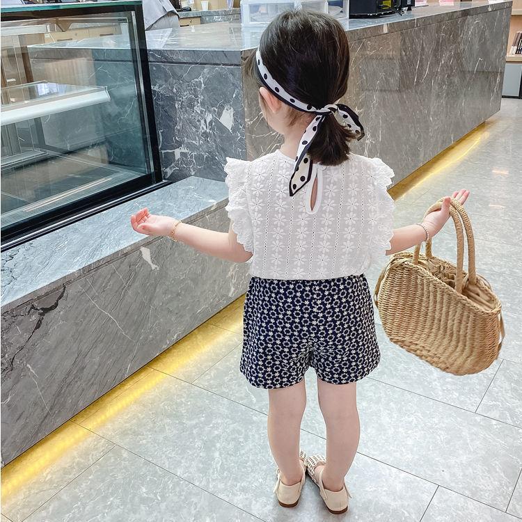 Girls' Summer Dress Foreign Style Shirt Baby Girl Round Neck Flower Shirt Korean Lace Sleeveless Top