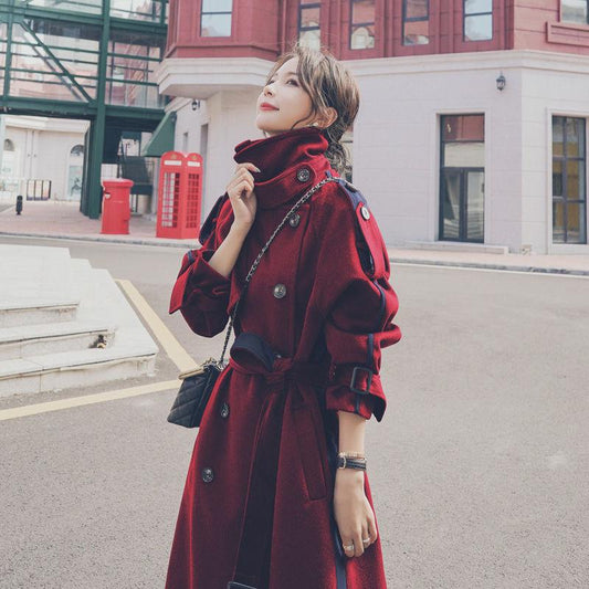 Winter Plus Cotton Thick Warmth Contrast Stitching Woolen Coat Women's Mid-length Thin Loose Over-the-knee Woolen Coat