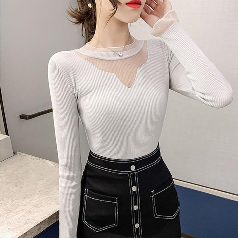 Sweater Women Autumn Winter Bottoming Shirt Women's Mesh Stitching Loose Long-sleeved Round Neck Korean Knit Sweater with Top