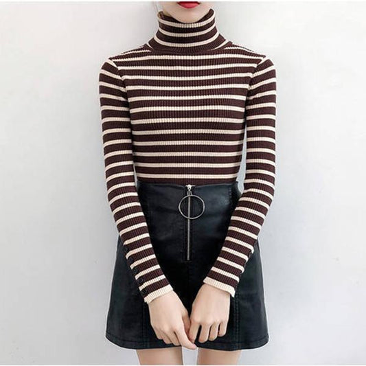High Neck Women's Sweater Autumn Winter Striped Slim Fit Tight Sexy Long-sleeved Knitted Sweater