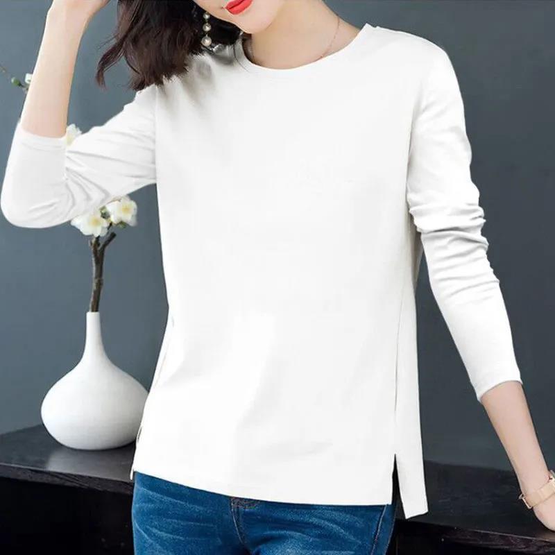 Women Cotton T-shirt Casual Slit Top Peony Print Pullover Long Sleeve Bottoming Shirt Spring