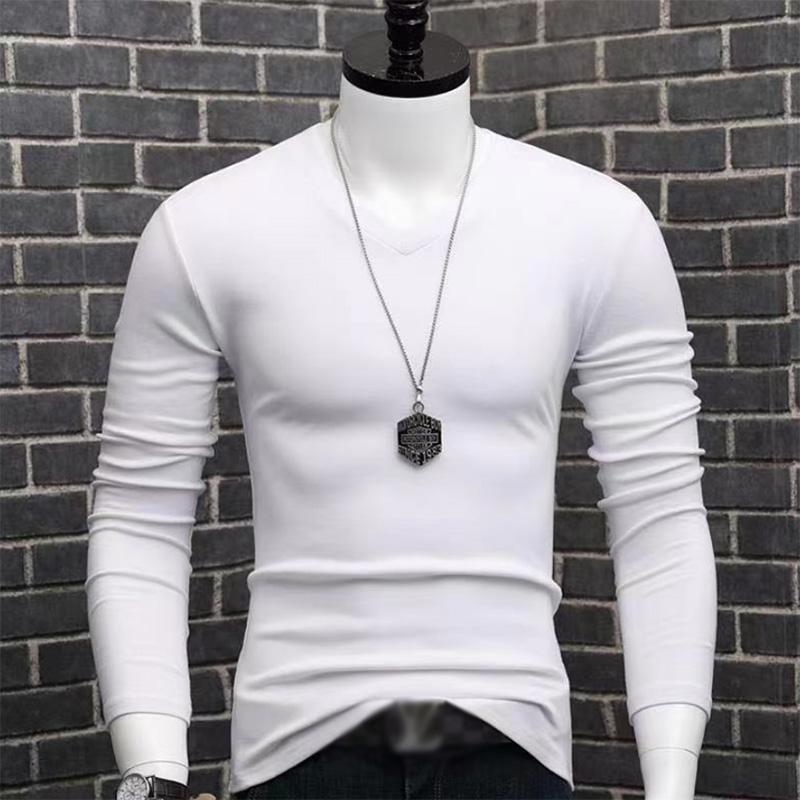 T-shirt Men's Long-sleeved V-neck Solid Color Bottoming Shirt Autumn and Winter Fitness Tops Slim High Elastic Lycra Cotton