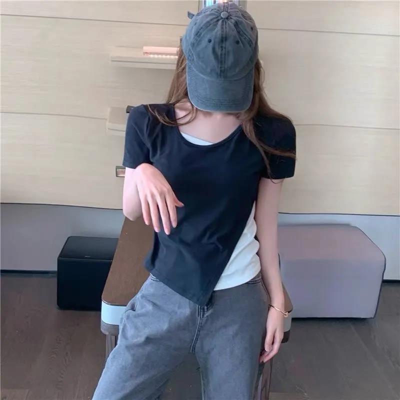 Women's Fashion Solid Color Summer Casual Slim  Round Neck Half Sleeve Asymmetry Short T-shirt