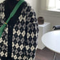 Autumn Winter Check Color Contrast V-neck Long  Sleeved Sweater Jacket Women Retro College Style Loose Knit Cardigan Outer Wear