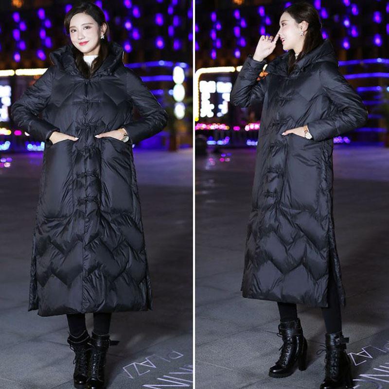 Long Down Jacket Retro Literary Print Hooded Cotton Jacket Lengthened Thick Loose Slit Windbreaker Jacket