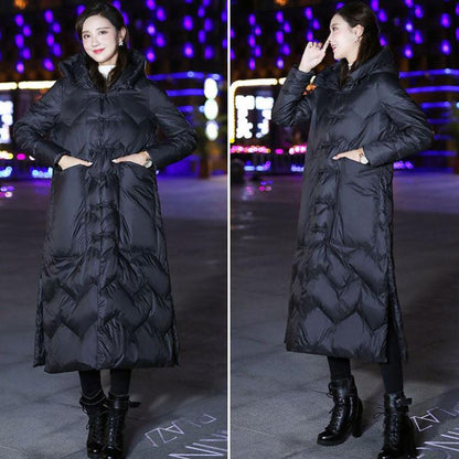Long Down Jacket Retro Literary Print Hooded Cotton Jacket Lengthened Thick Loose Slit Windbreaker Jacket