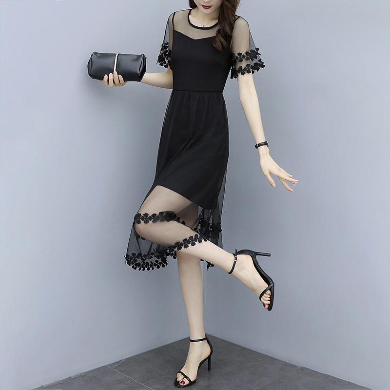 Large Size M-XXXXXL Summer Black Chiffon Stitching Laced Neckline Round Yarn Flower A-line Dress