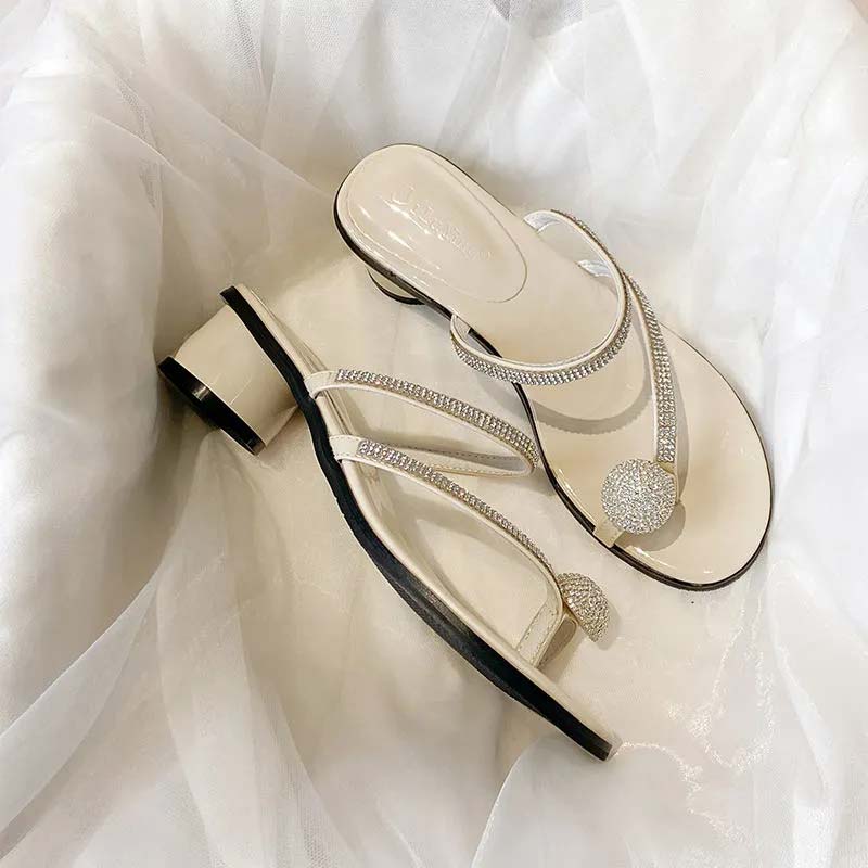 Women Sandals and Slippers Summer Rhinestones High-heeled Sandals Shiny Thin Strap Flip-flops Simple Thick-heeled Slippers All-match Beach Sandals