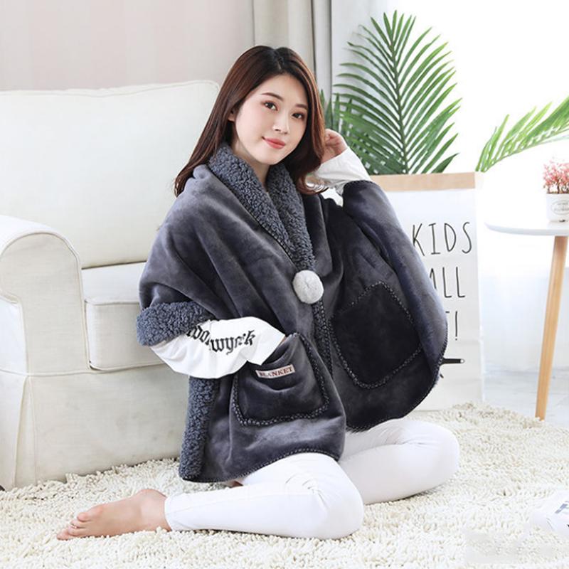 Autumn  Winter Multi functional Shawl Blanket Office Nap Blanket Thick Flannel Lamb Wool Blanket Knee Blanket Fur Ball Pocket Mantle Shawl