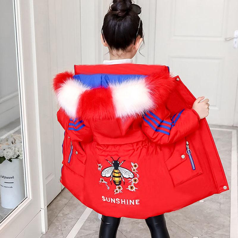 Winter Girl's Cotton Padded Jacket Thickened Medium Length Parka Jacket Children's  Printed Hooded Jacket with Removable Fur Coll