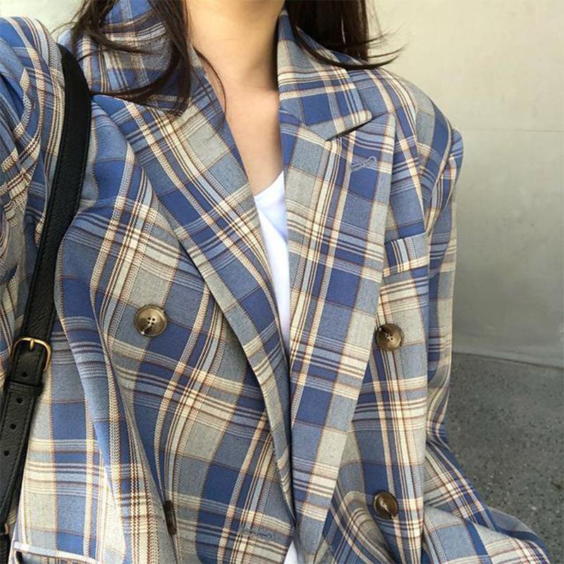 Vintage Loose Women Plaid BlazerAutumn Chic Double Breasted Female Long Sleeve Suit Jackets Stylish Ladies Blazer