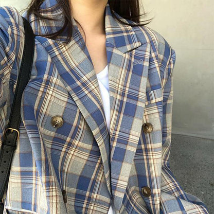 Vintage Loose Women Plaid BlazerAutumn Chic Double Breasted Female Long Sleeve Suit Jackets Stylish Ladies Blazer