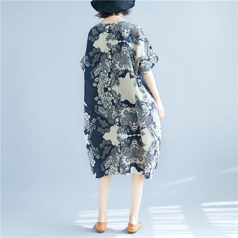 WTEMPO Plus Size Cotton and linen Flower Printing Women Dress Summer Short Sleeve Round Neck Long Dress Casual Mid-calf Length