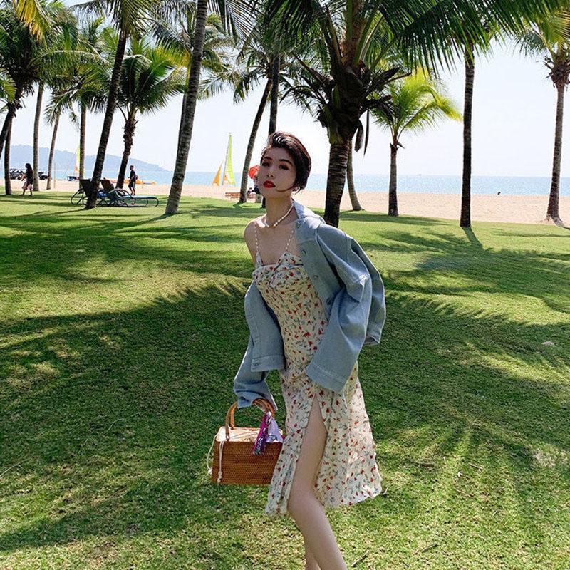 Floral Pearl Sling Dress Summer Mid-length Split Sweet First Love Dress