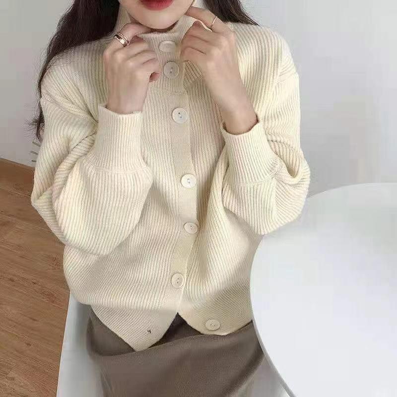 Spring  Autumn Design Sense Lapel Solid Color Vertical Pattern Sweater Cardigan Girl Student Casual Fashion All-match Knitted Cardigan