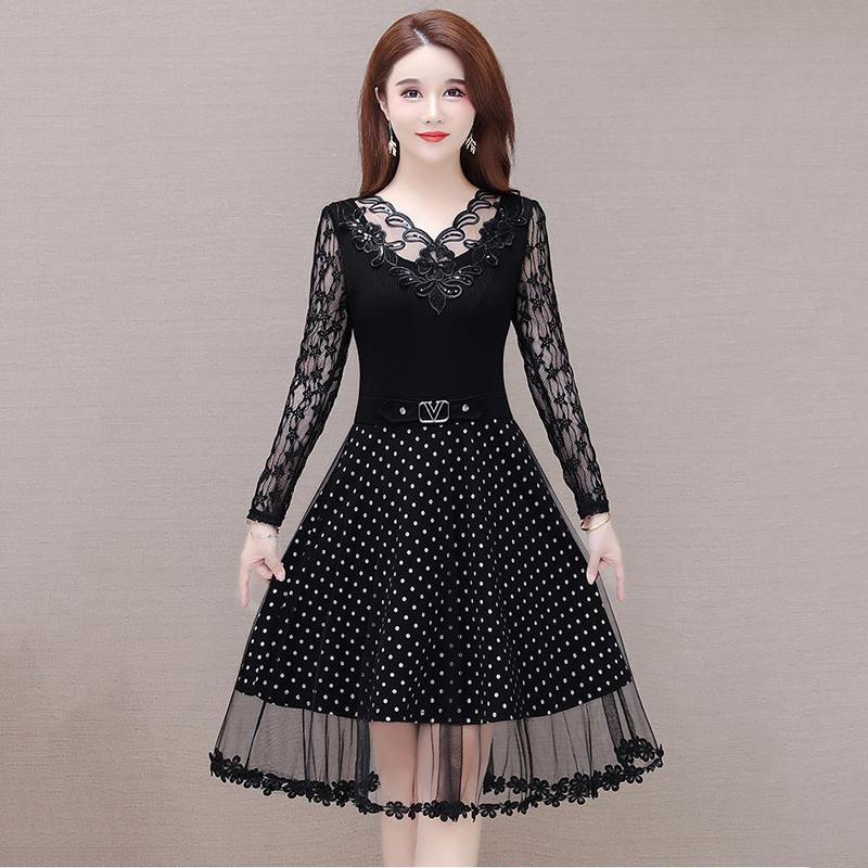 Spring and Summer Black V-neck Lace Stitching Dress Mesh Large Size Waist Skirt A-line Dress Covering Belly Mid Skirt