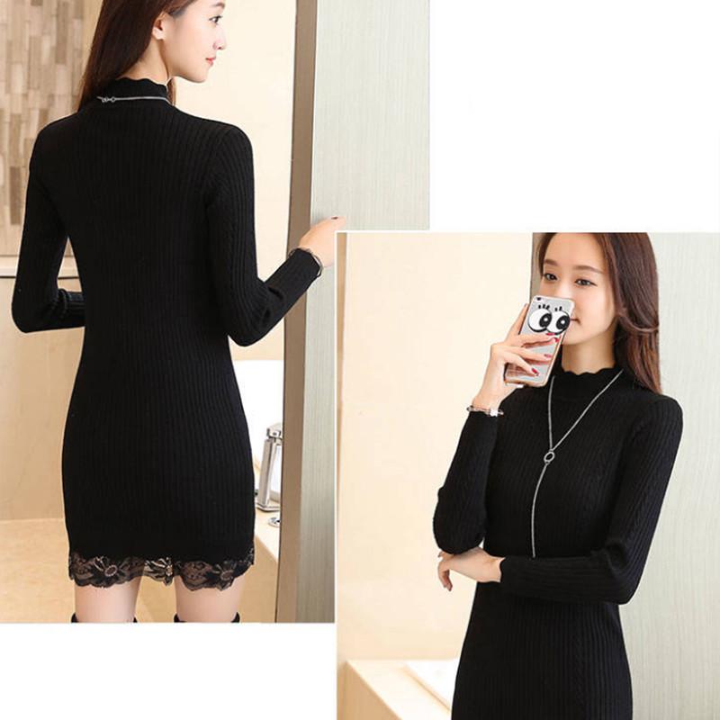 Pofulove Winter Fairy Net Bottoming Skirt Slim Bottoming Dress Sweater color-block mesh sweater