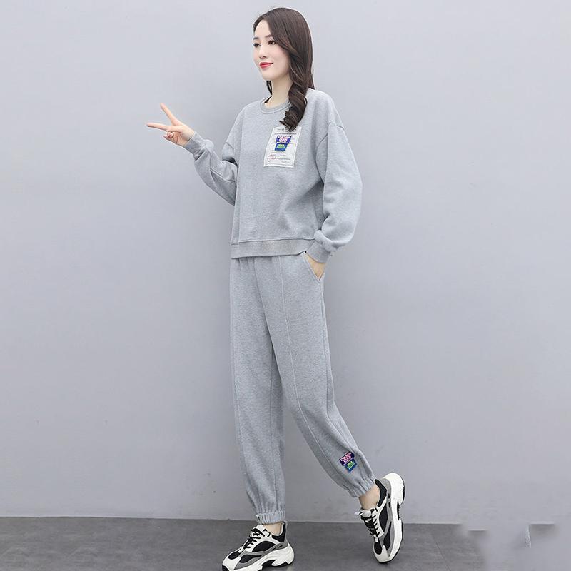 Sportswear Suit Women Loose and Thin Pullover Sweater Casual Two-piece Round Neck Long-sleeved Shirt + Casual Sports Pants Warm and Comfortable