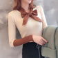 Chic Long Sleeve Knitwear Base Blouse Simple Color Pullover Bow V-Neck Jumper Women Sweater