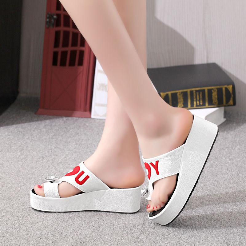 Love Sandals and Slippers Women's Rhinestone Sponge Cake Thick-soled High-heeled Flip-flops Casual Beach Sandals Cute Sexy Sandals