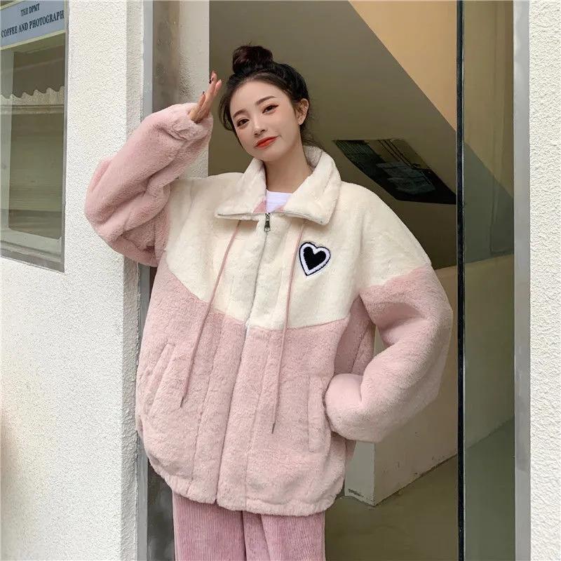 Women's Winter Lamb Wool Coat Lazy Wind Girl's Loose Cotton Coat Thick Plush Stitching Sweater Casual Warm Cotton Clothes Home Clothes Oversized Coat