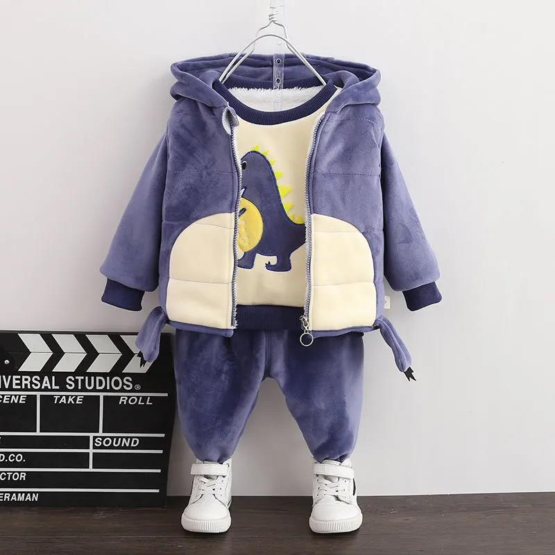 Boy's Autumn and Winter Plus Velvet Padded Cotton Three-piece Suit Baby Little Baby Warm Solid Color Fashion Cute Hooded Sweater Cotton Suit
