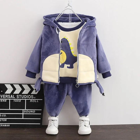 Boy's Autumn and Winter Plus Velvet Padded Cotton Three-piece Suit Baby Little Baby Warm Solid Color Fashion Cute Hooded Sweater Cotton Suit
