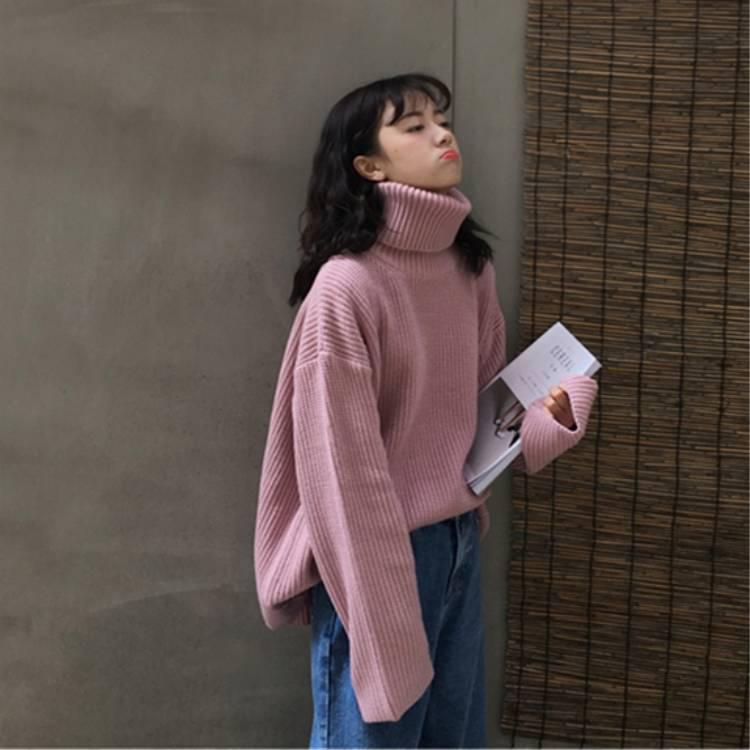 Pofulove Thick Turtleneck Sweater Women Autumn Winter Students Loose Solid Color Long-sleeved Coat