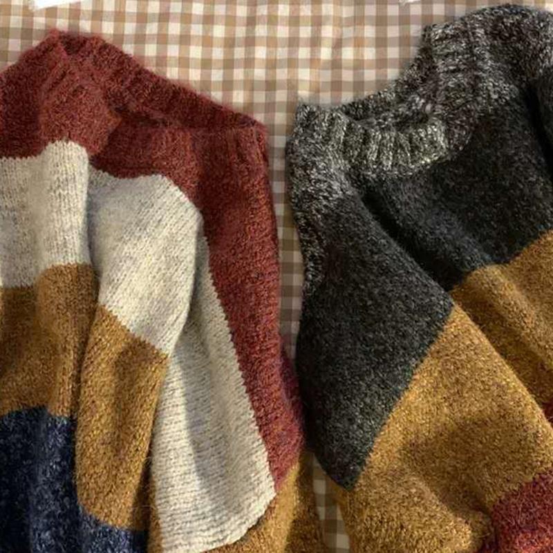 Women's Autumn  Winter Long-sleeved Hedging Striped Color-blocking Sweater All-match Casual Fashion Sweater