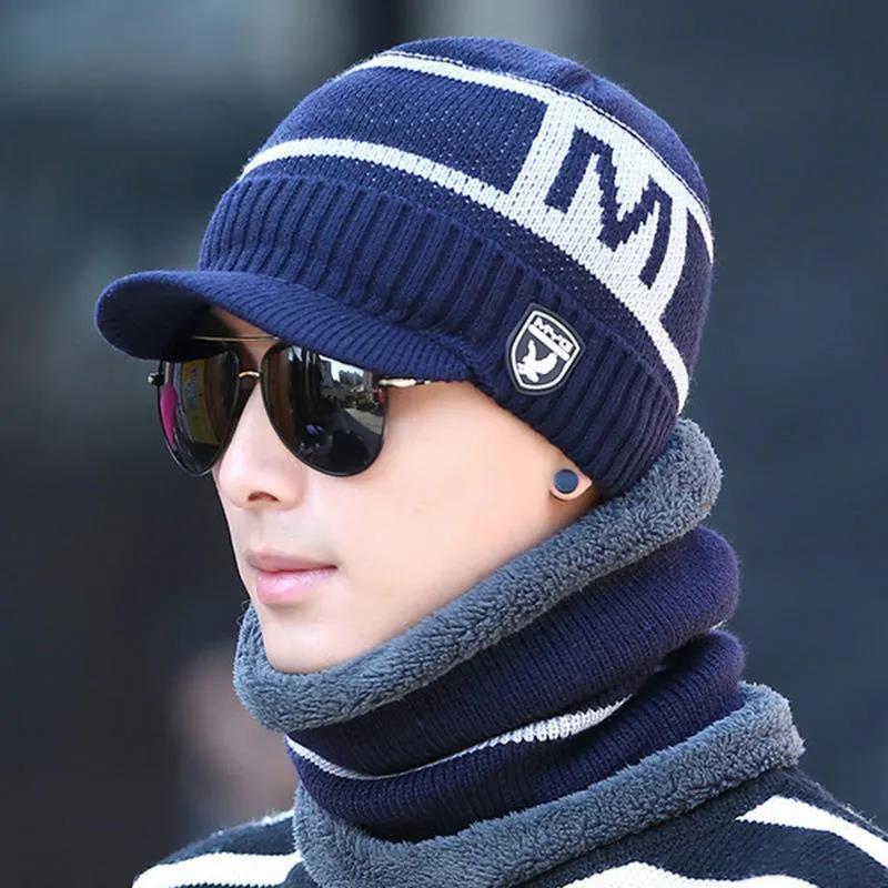 Winter Men's Hats and Collars Fashion Korean Letters Printed Knitted Hats Cold-proof Ear Protection Plus Fluffy Line Caps