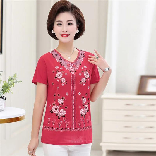 Women's Summer Plus Size Short Sleeve Top Printed Loose Versatile Round Neck T-Shirt Mommy Dress