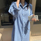 Female Vintage Contrast Striped Shirt Holiday Dress Spring Slim Knee Length Long Sleeve Casual Dress