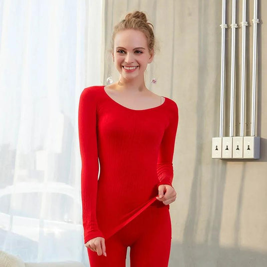 Women's Modal Elastic Seamless Body Pajamas Set Fitting Warm Thin Tight Pyjamas Solid Round Neck Long Sleeves Sleeping Suit Nightgowns Set