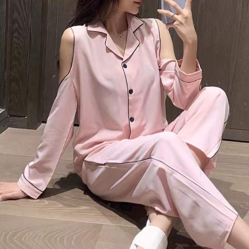 Women's  Ice Silk Sexy Off-the-shoulder Long-sleeved Pajamas Set Spring Thin Lapel Loose Home Wear Suits Solid Comfortable Sleeping Suit