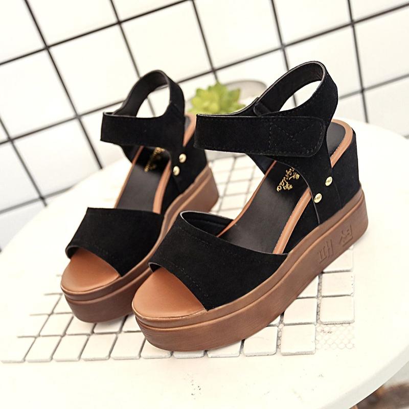 Summer  Korean Version  Increase  Velcro High-heeled Shoes Thin Wedge Shoes Waterproof Platform Fish Mouth Sandals Women’s Shoes