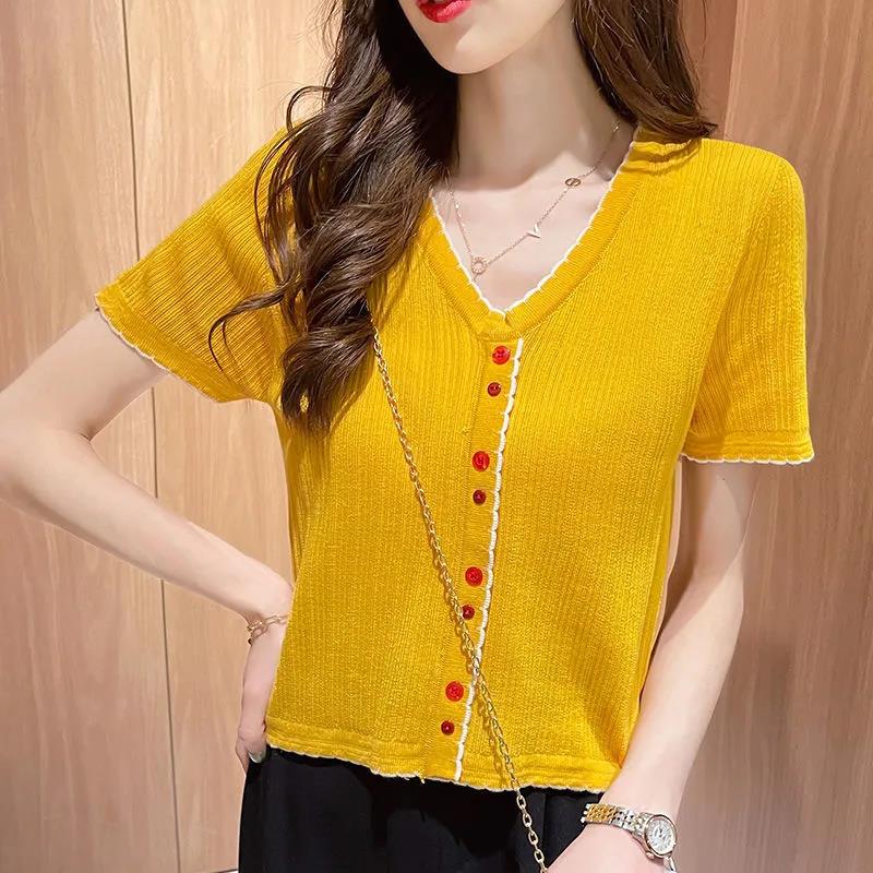 Summer Short Sleeve Women's Solid Color V-neck T-shirt
