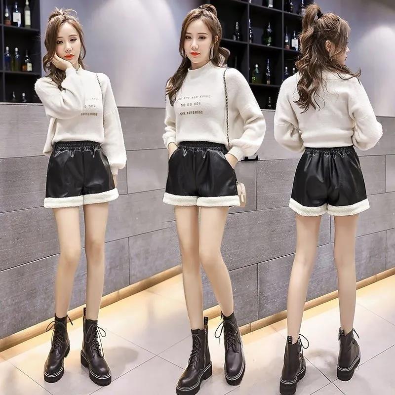 Leather Bottoming Women's Winter Stitching Lamb Wild Burrs Korean Version of PU Leather Pants Tide Thin Shorts Boots Pants