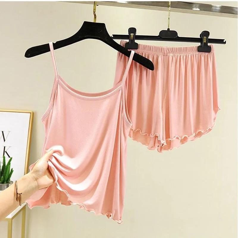 Women's Modal Suspenders Pajamas Suit Set Summer Vest Large Size Loose Thin Shorts Homewear Solid Color Two-piece Suit Ruffled Hem